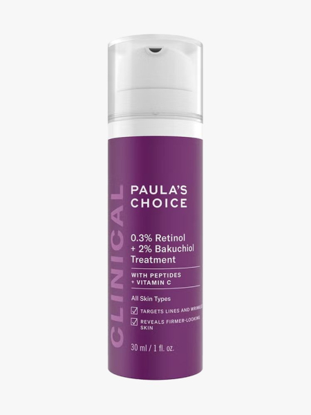 Paula’s Choice Clinical 0.3% Retinol + 2% Bakuchiol Treatment in branded component on a light gray background