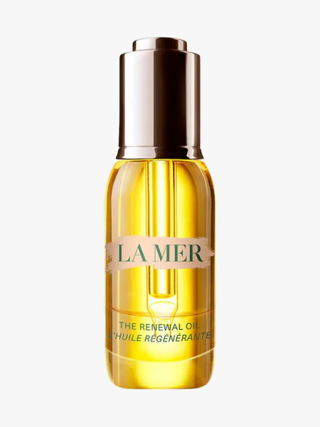 La Mer The Renewal Oil in branded component on a light gray background